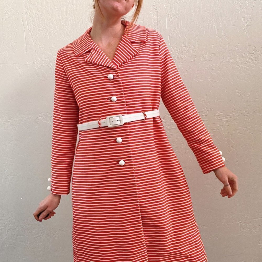 Vintage 1960's Red Striped Belted Lightweight Coat